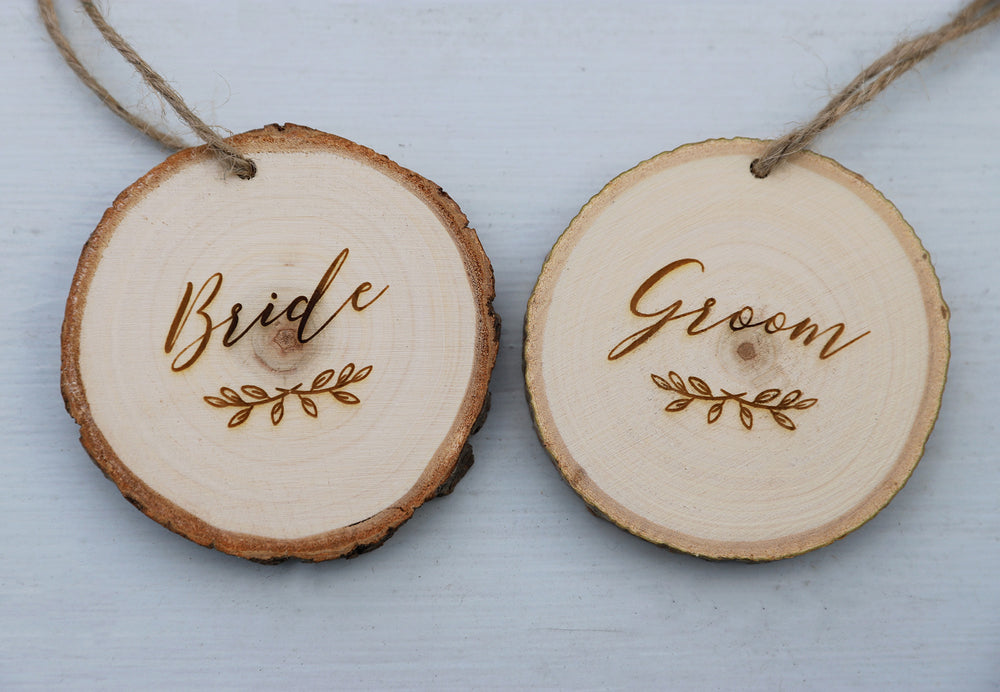 Bride and Groom Place Settings - Wooden Log Slice