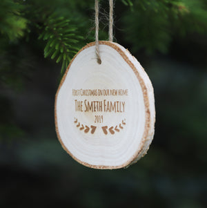 
                  
                    Personalised "First Christmas at New Home" Decoration - Wooden Log Slice
                  
                