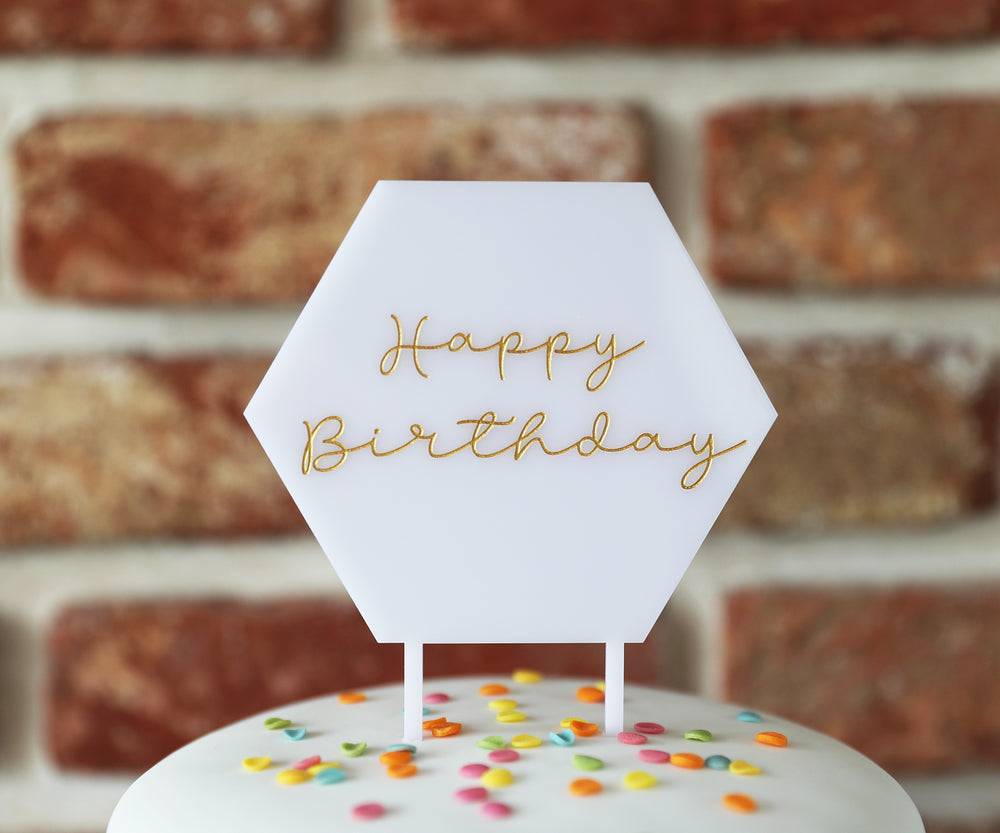 Happy Birthday Hexagonal Cake Topper - White Acrylic