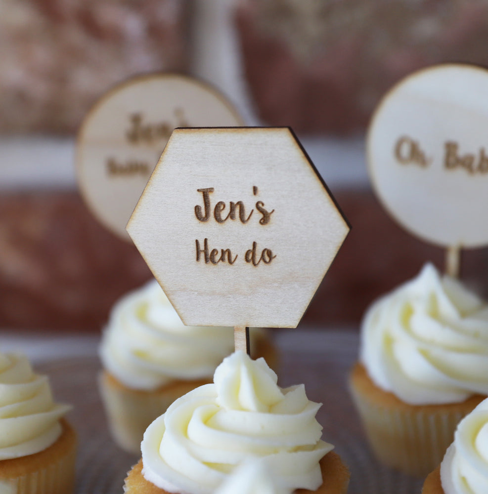
                  
                    Personalised Hen Do Cupcake Topper - Wooden
                  
                