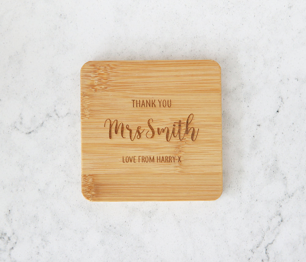 
                  
                    Personalised Thank You Teacher Coaster - Bamboo
                  
                
