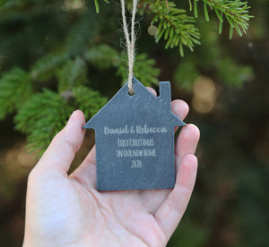
                  
                    Personalised "First Christmas at New Home" Decoration - Slate
                  
                
